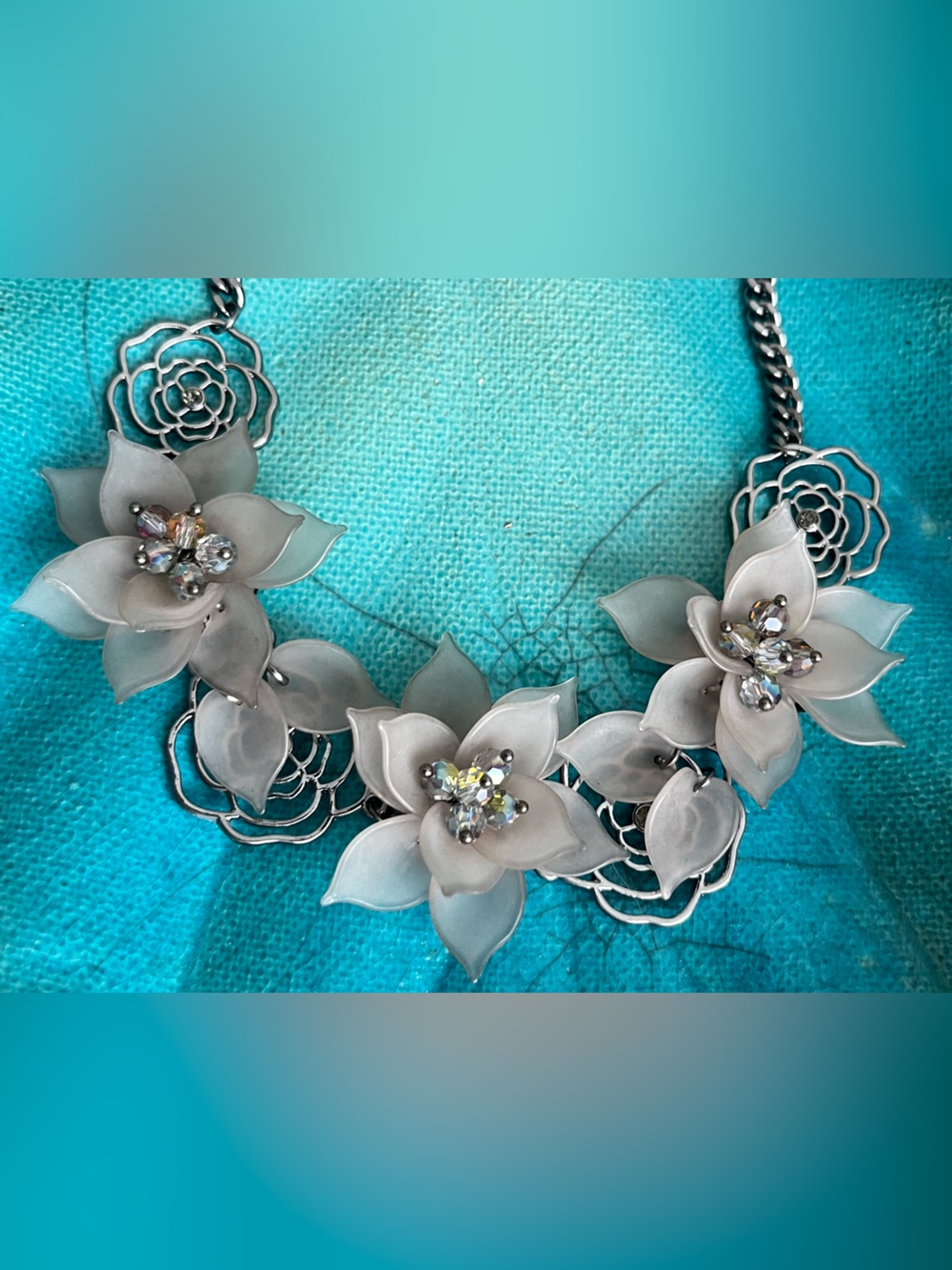 Delicate White Floral Crystal Statement Necklace